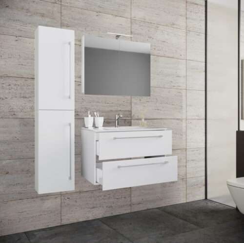 4-tlg. Waschplatz VCM Badinos 2 Schubfächer 80 cm Spiegelschrank + Hochschrank – Bild 3