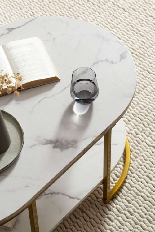 Couchtisch 100x60x45 cm Weiß mit Marmor Optik Design Wohnzimmertisch Rechteckig – Bild 5