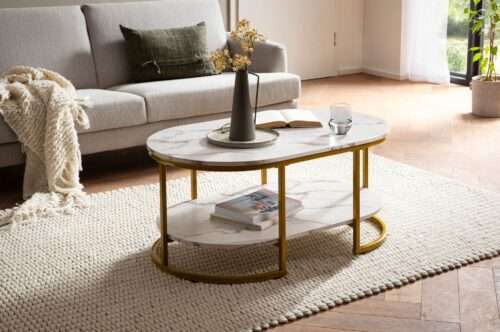 Couchtisch 100x60x45 cm Weiß mit Marmor Optik Design Wohnzimmertisch Rechteckig – Bild 3