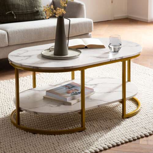 Couchtisch 100x60x45 cm Weiß mit Marmor Optik Design Wohnzimmertisch Rechteckig – Bild 2