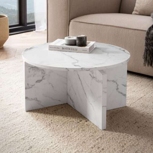 Couchtisch 60x60x33 cm Weiß Sofatisch in Marmor-Optik Modern Design Wohnzimmertisch – Bild 2