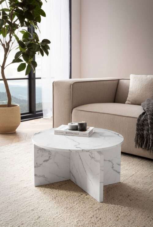Couchtisch 60x60x33 cm Weiß Sofatisch in Marmor-Optik Modern Design Wohnzimmertisch – Bild 3