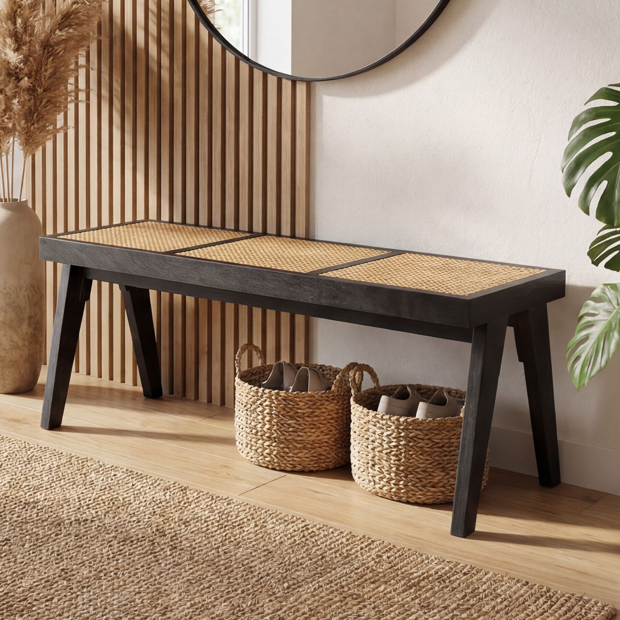 Sitzbank Rattan Akazie Massivholz 120cm Schwarz - Design Holzbank Wiener – Bild 2
