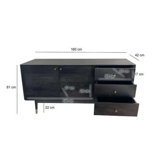 Sideboard 160x81x42 cm Akazie Massivholz Kommode Schwarz – Bild 4