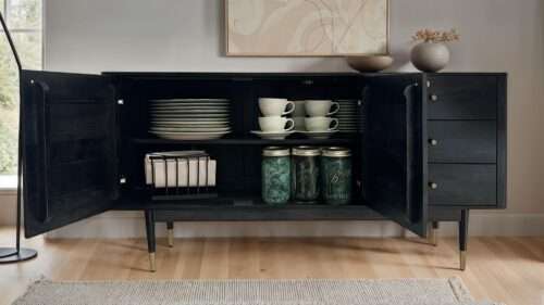Sideboard 160x81x42 cm Akazie Massivholz Kommode Schwarz – Bild 5
