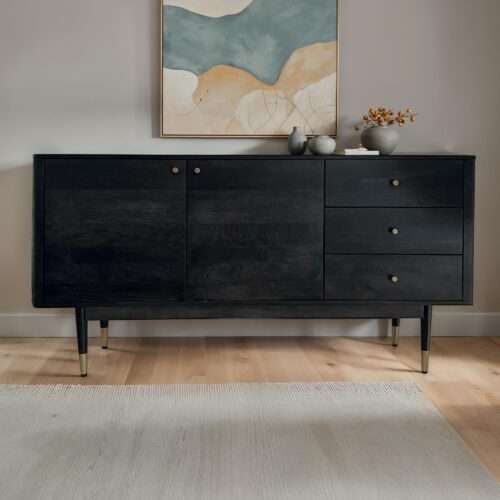 Sideboard 160x81x42 cm Akazie Massivholz Kommode Schwarz – Bild 2