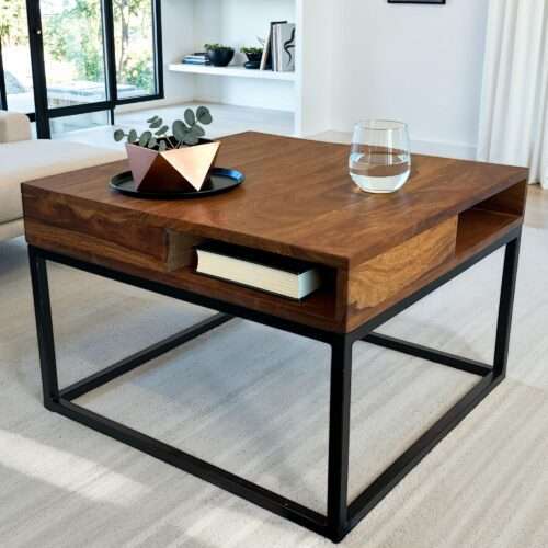 Couchtisch 60x60x40 cm Sheesham Massivholz / Metall Sofatisch Eckig – Bild 2