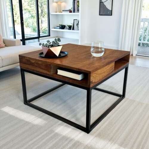 Couchtisch 60x60x40 cm Sheesham Massivholz / Metall Sofatisch Eckig – Bild 3