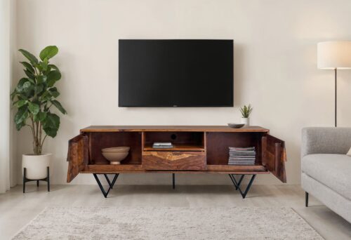 TV Lowboard Sheesham Massivholz 160 cm Fernsehtisch mit Türen Schublade – Bild 5
