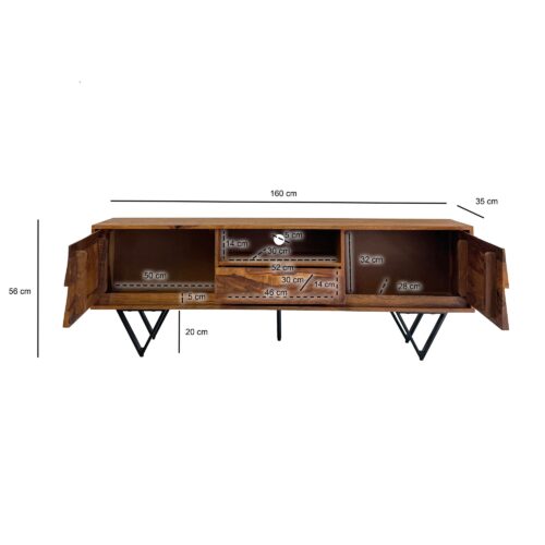 TV Lowboard Sheesham Massivholz 160 cm Fernsehtisch mit Türen Schublade – Bild 4