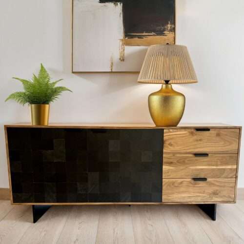 Sideboard 175x76x40 cm Akazie Massivholz Kommode mit Steinoptik – Bild 2
