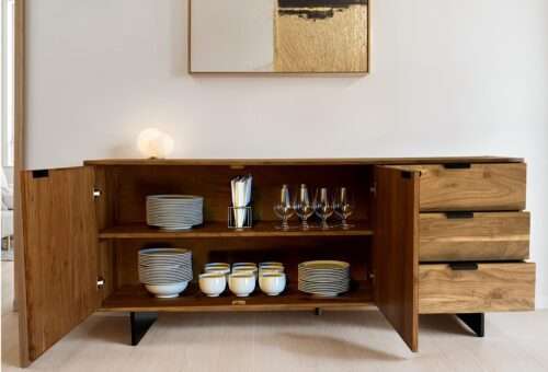 Sideboard 175x76x40 cm Akazie Massivholz Kommode mit Steinoptik – Bild 3