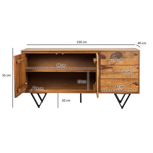 Sideboard Sheesham Massivholz 150x40x55 cm Kommode mit 2 Türen – Bild 4