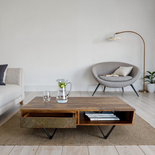 Couchtisch Sheesham Massivholz 115 cm Sofatisch mit 2 Schubladen – Bild 3