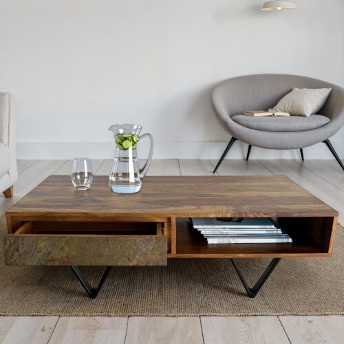 Couchtisch Sheesham Massivholz 115 cm Sofatisch mit 2 Schubladen – Bild 2