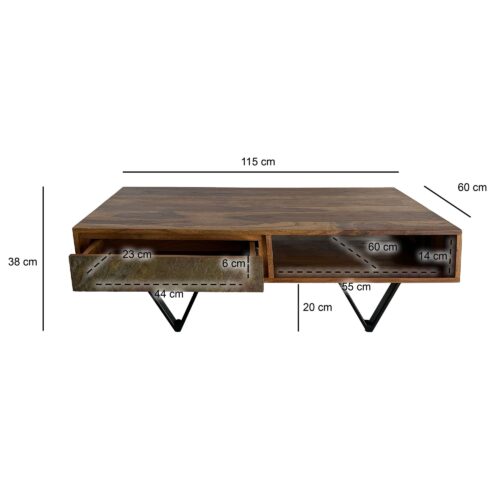 Couchtisch Sheesham Massivholz 115 cm Sofatisch mit 2 Schubladen – Bild 4