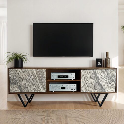 Lowboard Sheesham Massivholz 150x56x35 cm TV-Kommode mit Steinoptik Weiß – Bild 2