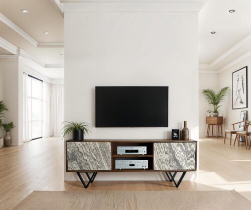 Lowboard Sheesham Massivholz 150x56x35 cm TV-Kommode mit Steinoptik Weiß – Bild 3