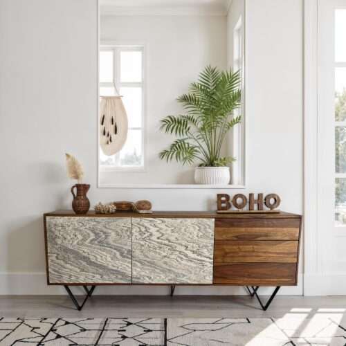 Sideboard 175x71x40 cm Sheesham Massivholz Kommode mit Steinoptik Weiß – Bild 2