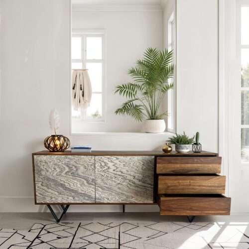 Sideboard 175x71x40 cm Sheesham Massivholz Kommode mit Steinoptik Weiß – Bild 3