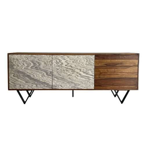 Sideboard 175x71x40 cm Sheesham Massivholz Kommode mit Steinoptik Weiß – Bild 7