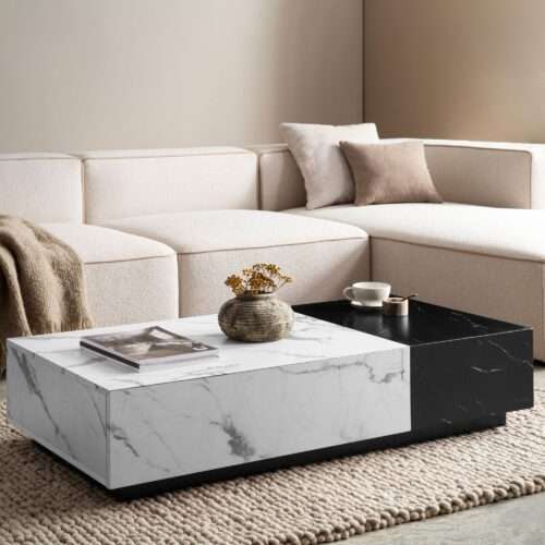 Couchtisch 120x60x28 cm Weiß Schwarz Sofatisch in Marmor-Optik Modern Wohnzimmertisch – Bild 2