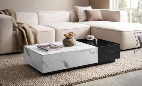 Couchtisch 120x60x28 cm Weiß Schwarz Sofatisch in Marmor-Optik Modern Wohnzimmertisch – Bild 3