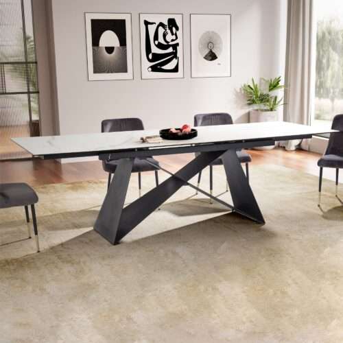 Esszimmertisch 180 - 260 cm Ausziehbar Keramik Glas Weiß Keramiktisch Marmor-Optik Groß – Bild 2