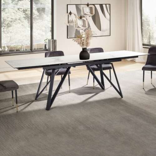 Esszimmertisch 180 - 260 cm Ausziehbar Keramik Glas Weiß Keramiktisch Marmor-Optik Groß – Bild 2