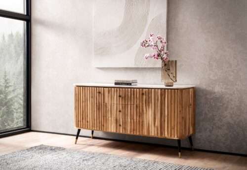 Sideboard 150x80x45 cm Akazie Massivholz Kommode Echter Marmor Hoher Kommodenschrank – Bild 3