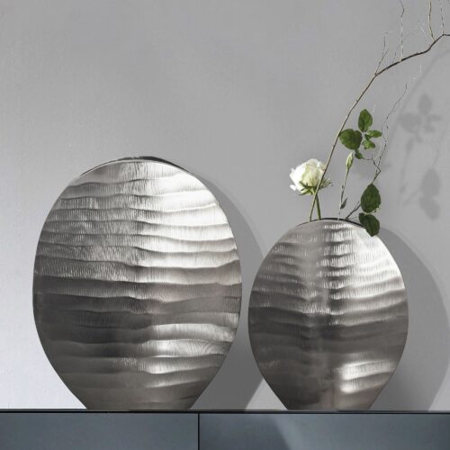 Deko Vase 2er Set Aluminium Silber Blumenvase Wellenmuster Modern Dekovase – Bild 2