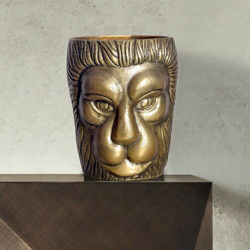 Deko Vase Löwenkopf 21 cm Aluminium Gold Blumenvase Modern Klein – Bild 2