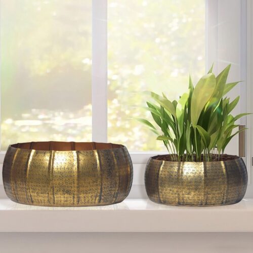 Pflanzgefäß 2er Set Metall Pflanzkübel Gold Design Pflanzenkübel Aluminium Rund – Bild 2